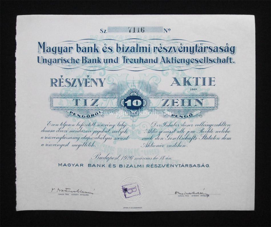 Magyar Bank és Bizalmi Rt. részvény 10 pengő 1926